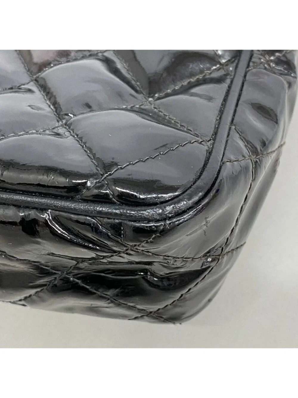 Chanel Shoulder Bag Quilted Patent Leather Black Gold
